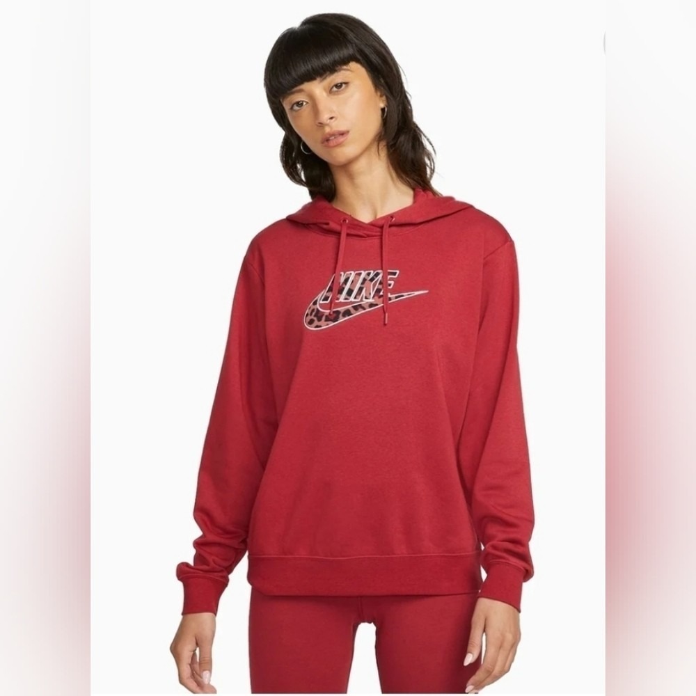 Nike Sportswear Essential Red Leopard Print Logo Hoodie XL Pullover Fleece